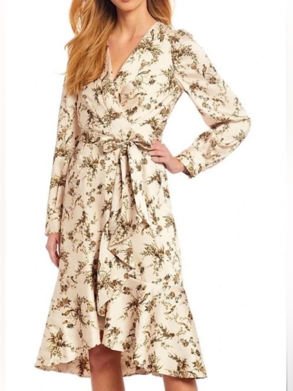 Antonio Melani Faux Wrap Midi Dress Floral Bird Print Long Sleeve Cream Brown 4